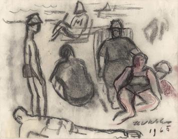 mensen op het strand getekend door Henri Victor Wolvens