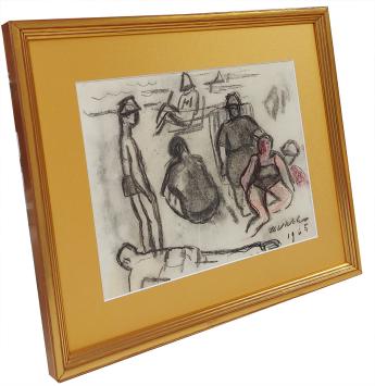 Tekening, badgasten op het strand 1965