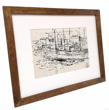 Tekening, vissersboot aan de kant