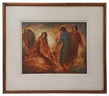 Belgische kunstenaar Eugeen Yoors met een schilderij