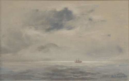 De Belgische schilder Antoon Luyckx  met een schilderij met een zeezicht