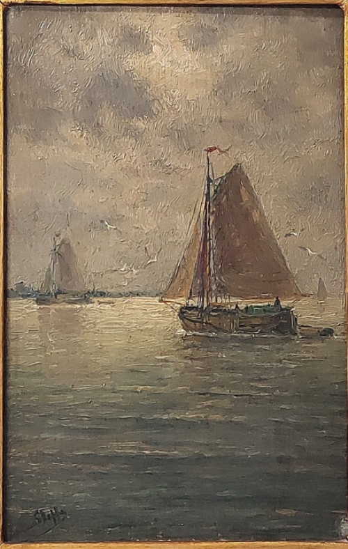 Romain Steppe met een schilderij op mahonie paneel